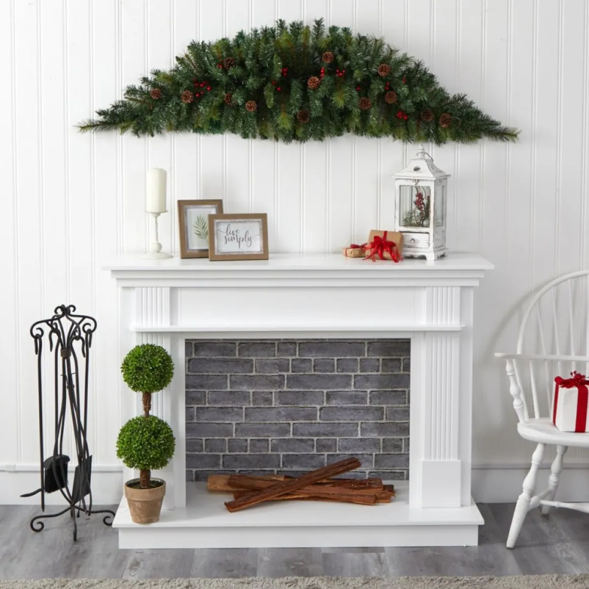 6' Artificial Christmas Swag With 50 Led Lights, Berries And Pine Cones