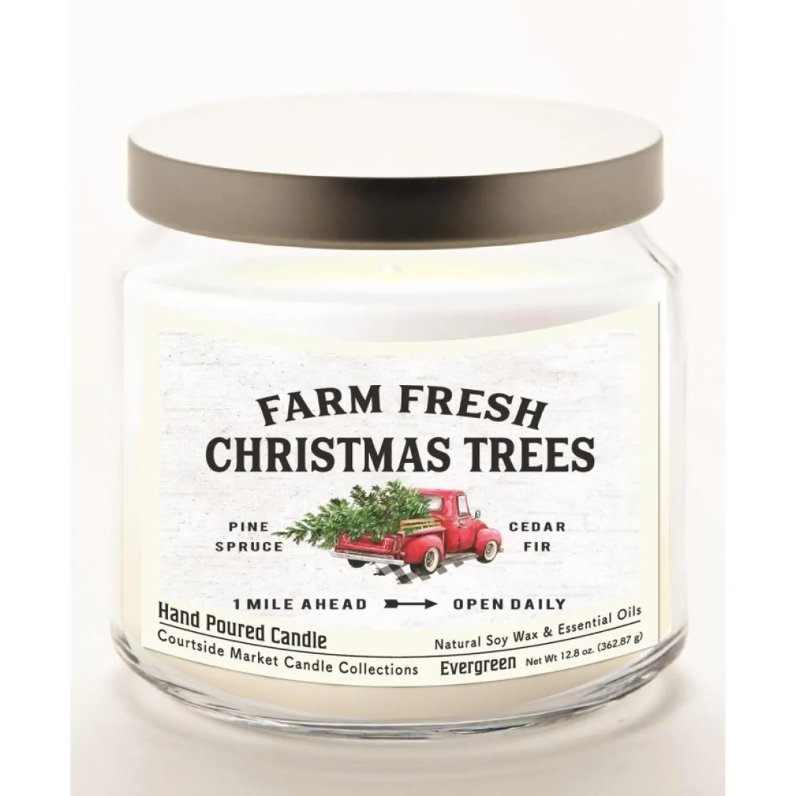 Courtside Market Farm Trees Candle In Glass Jar With Silver Lid