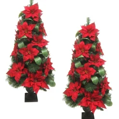 Fraser Hill Farm 4' Christmas Porch Trees W Velvet Poinsettias 2-Pack