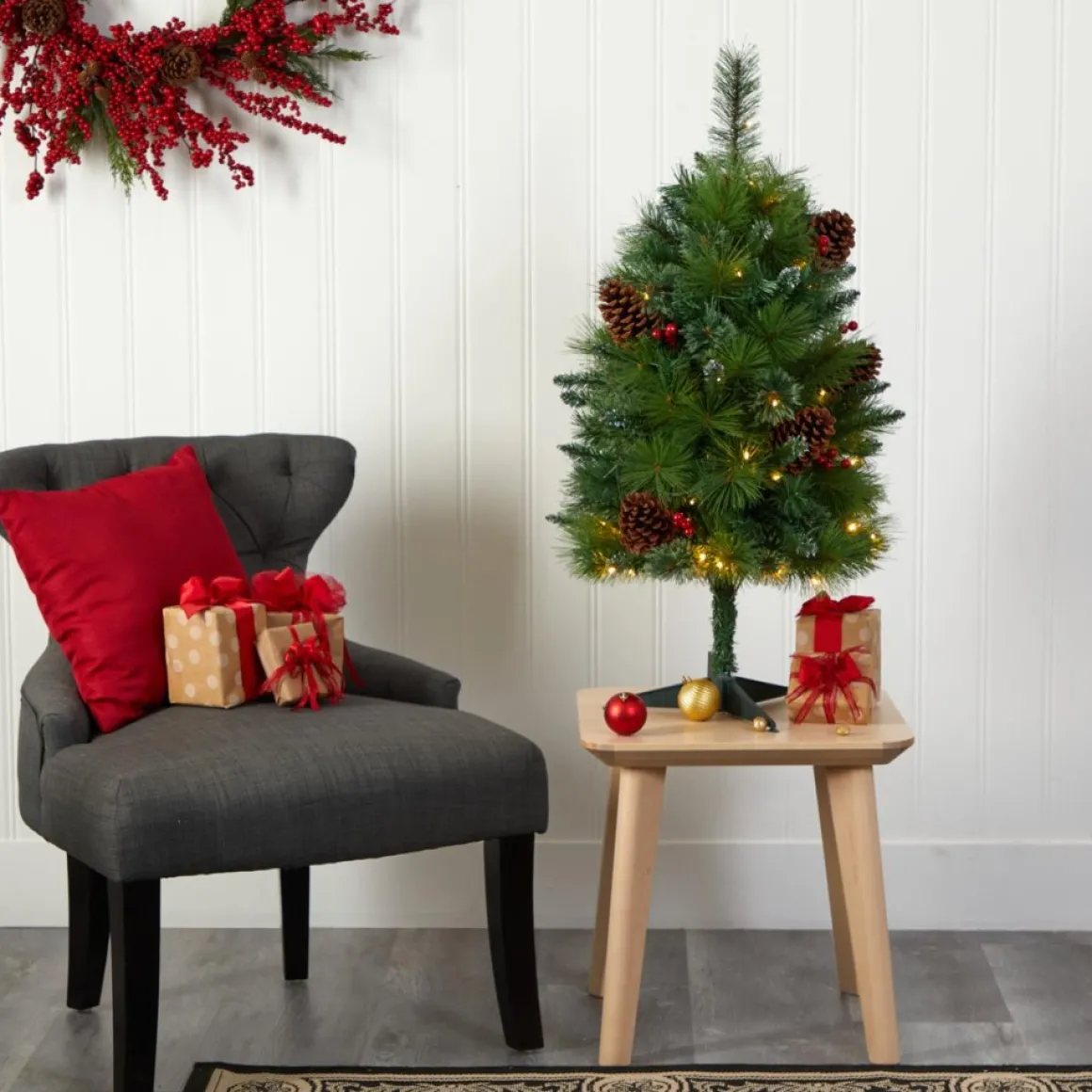 3 Ft. Montana Mixed Pine Artificial Christmas Tree With Pine Cones, Berries And 50 Clear Led Lights