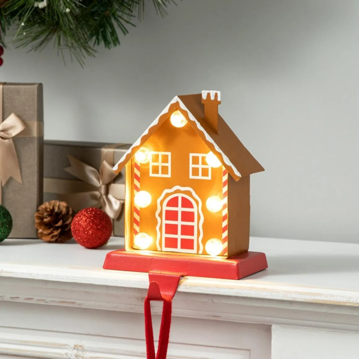 Glitzhome 6.75" H Marquee Led Metal Gingerbread House Stocking Holder