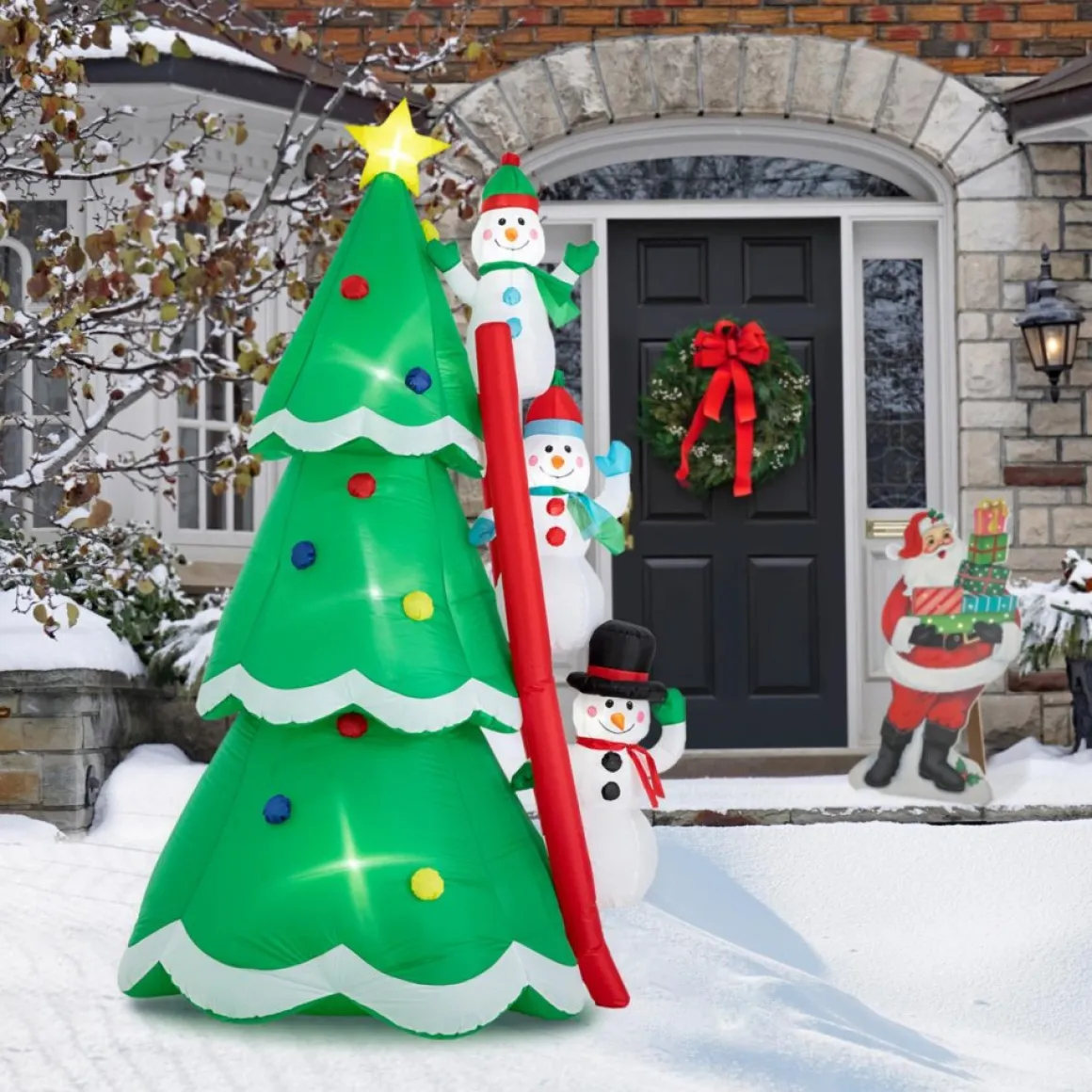 Glitzhome 8' Lighted Inflatable Xmas Snowman Climbing Up Tree Decor
