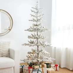 Glitzhome 6Ft Deluxe Pre-Lit Flocked Pine Artificial Christmas Tree