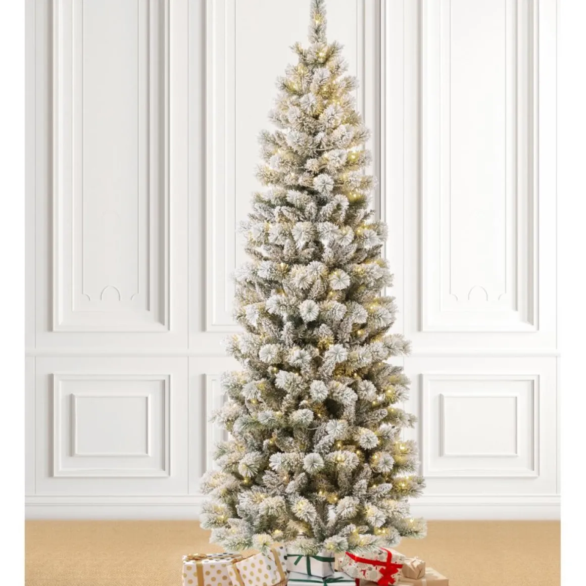 Glitzhome 7.5Ft Pre-Lit Flocked Pencil Green Pine Christmas Tree