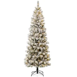 Glitzhome 7.5Ft Pre-Lit Flocked Pencil Green Pine Christmas Tree