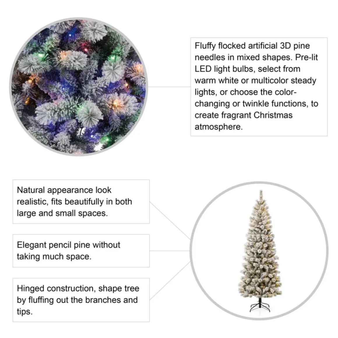 Glitzhome 7.5Ft Pre-Lit Flocked Pencil Green Pine Christmas Tree