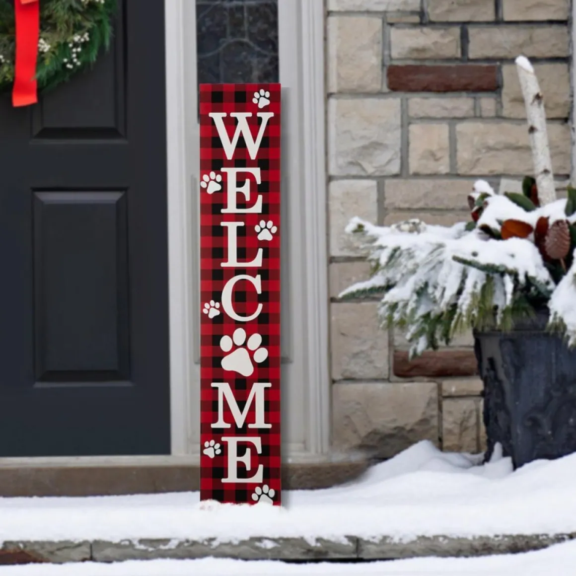 Glitzhome 42"H Wooden Plaid Pet Welcome Porch Sign