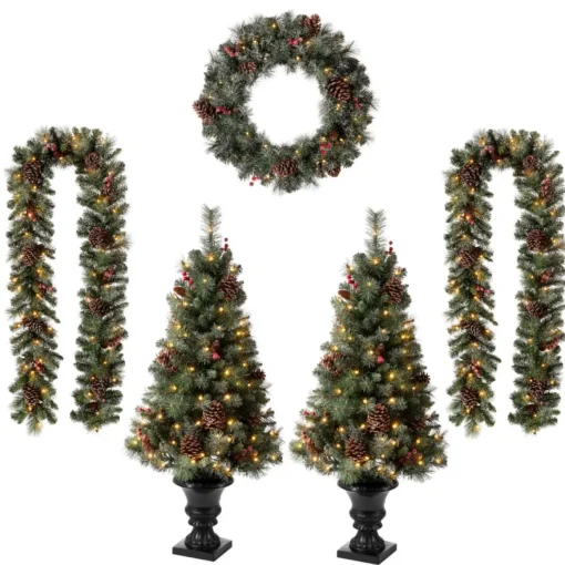 Glitzhome Led Glittered Christmas Wreath, 2Pk Garland, 2Pk Tree