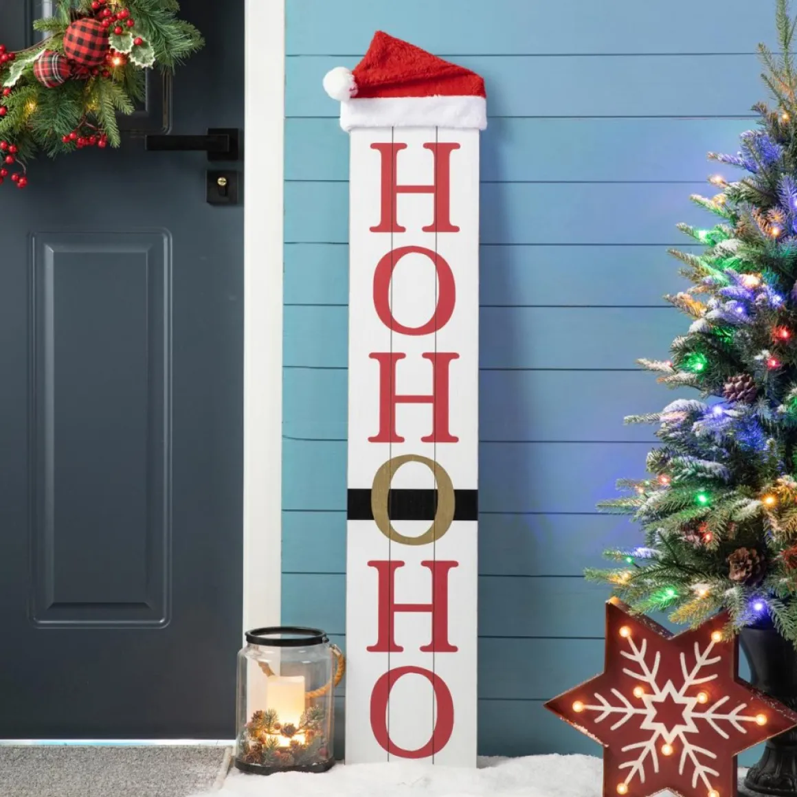 Glitzhome Reversible Wooden Hohoho/Snowman Porch Sign