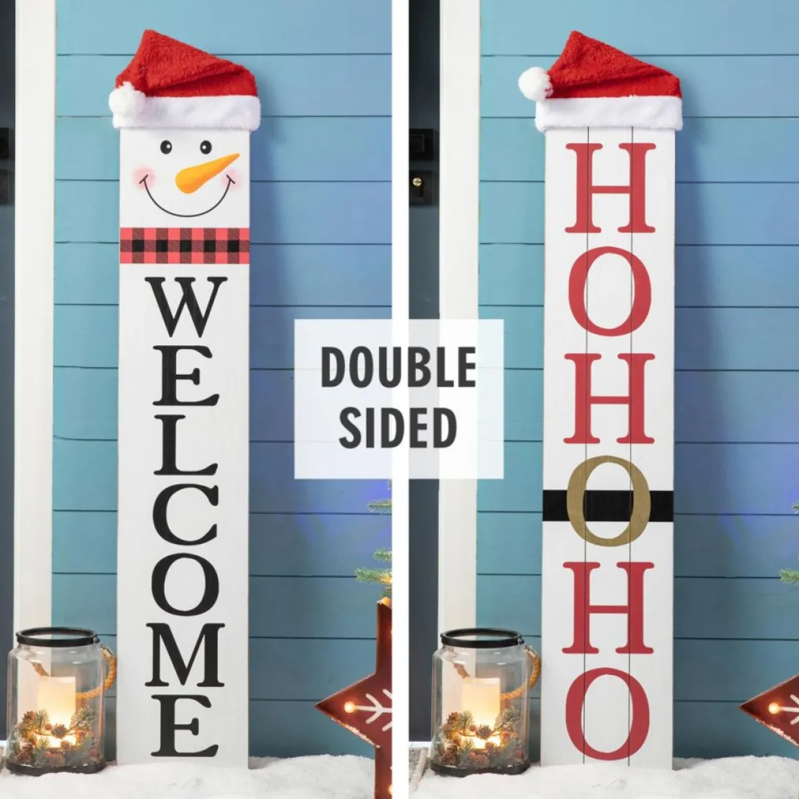 Glitzhome Reversible Wooden Hohoho/Snowman Porch Sign