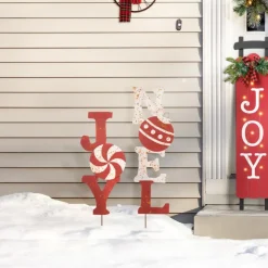 Glitzhome Set Of 2 Rusty Metal Joy And Noel Yard Stake Or Wall Decor