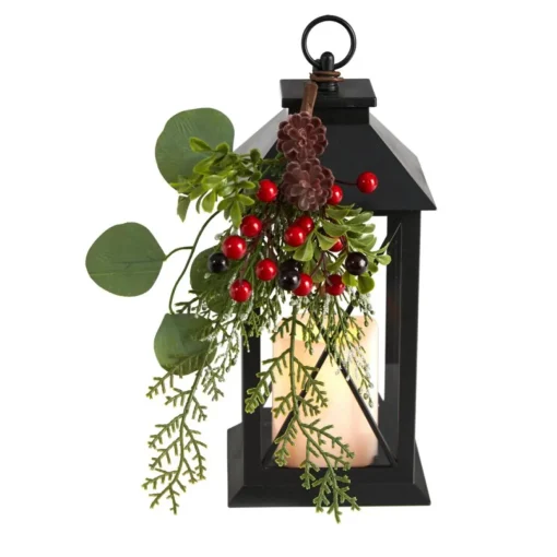 12" Holiday Berries And Greenery Metal Lantern