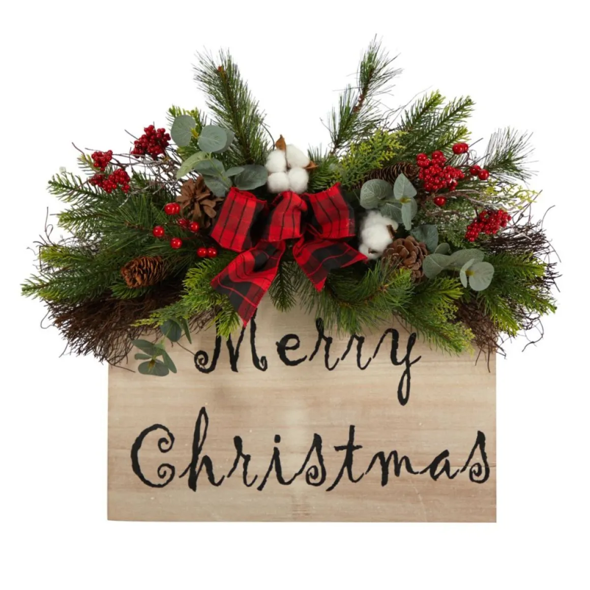 20 In. Christmas Wall Hanger With Plaid Bow