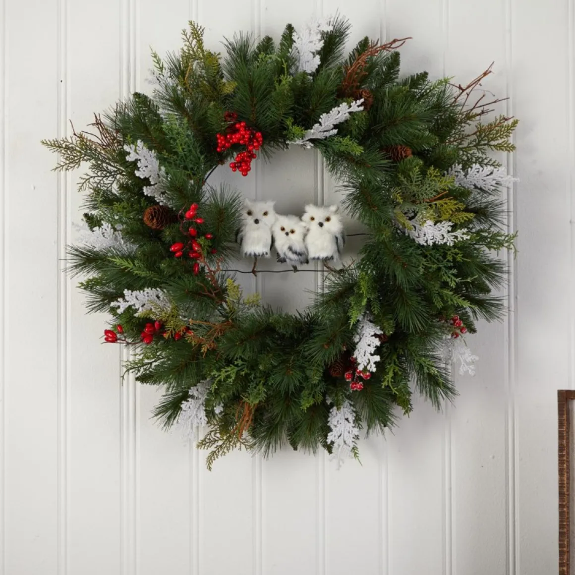 24 In. Holiday Owl Family Wreath