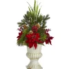 28 In. Poinsettia, Grass And Succulent Artificial Arrangement In White Urn