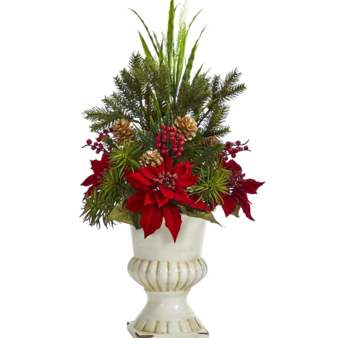 28 In. Poinsettia, Grass And Succulent Artificial Arrangement In White Urn