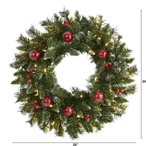 Nearly Natural 24 In. Frosted Christmas Wreath With 50 Lights