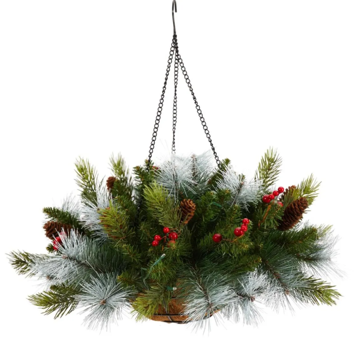 Nearly Natural 24 In. Holiday Pre Lit Berries Christmas Hanging Basket