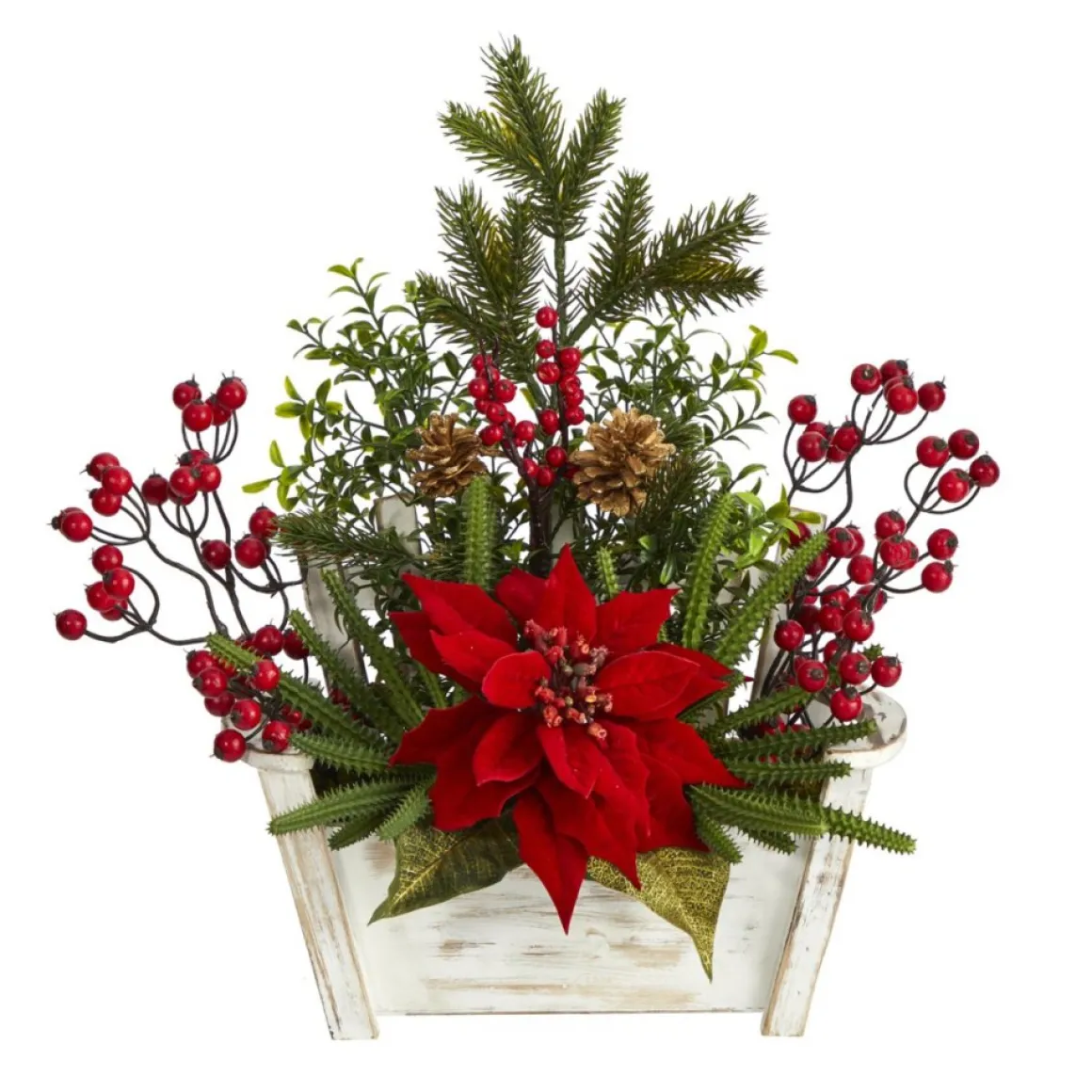 Nearly Natural 18 In. Poinsettia, Succulent And Berries In Planter