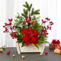 Nearly Natural 18 In. Poinsettia, Succulent And Berries In Planter