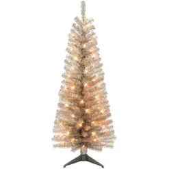 Puleo International 4.5' Pre-Lit Rose Gold Tinsel Tree 70 Clear Lights