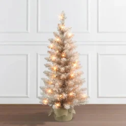Puleo International 3' Pre-Lit Rose Gold Tree 50 Lights Burlap Base