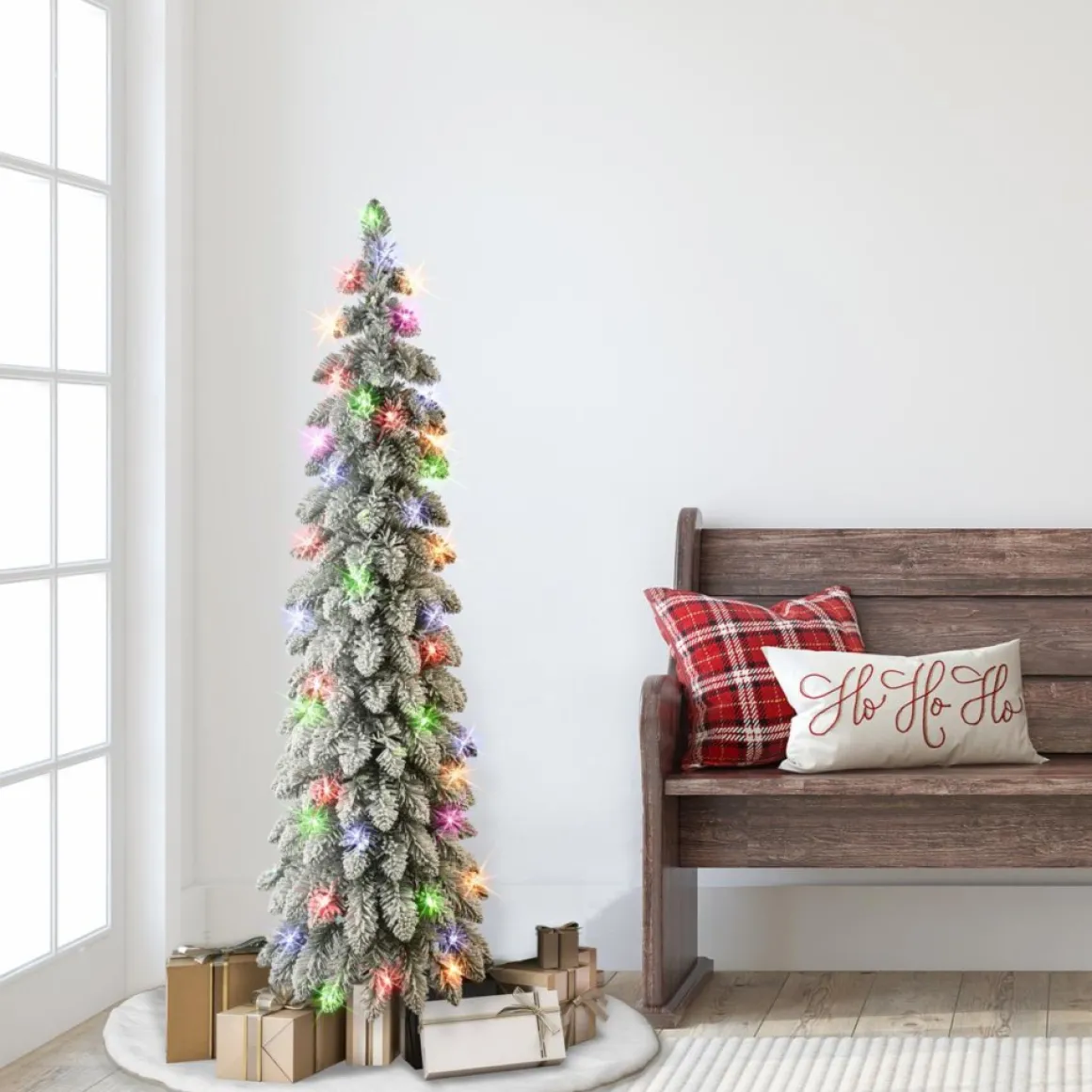 Puleo International 4' Pre-Lit Multicolor Flocked Alpine Pencil Tree