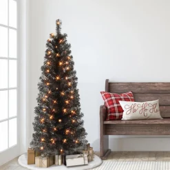 Puleo International 4.5' Pre-Lit Black Tinsel Tree W/ 70 Clear Lights