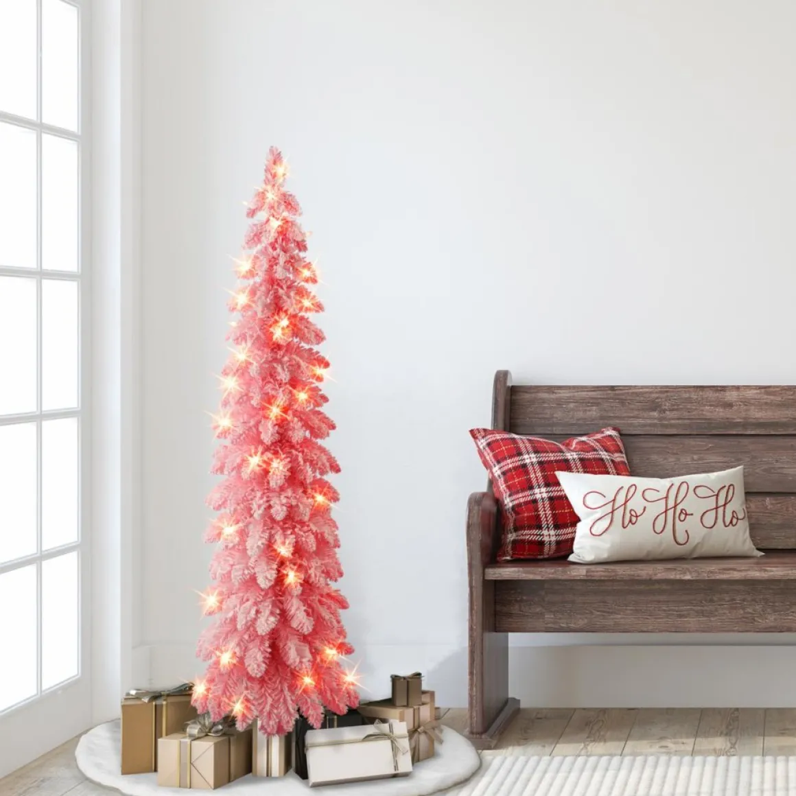 Puleo International 4' Prelit Pink Flocked Pencil Tree 50 Clear Lights