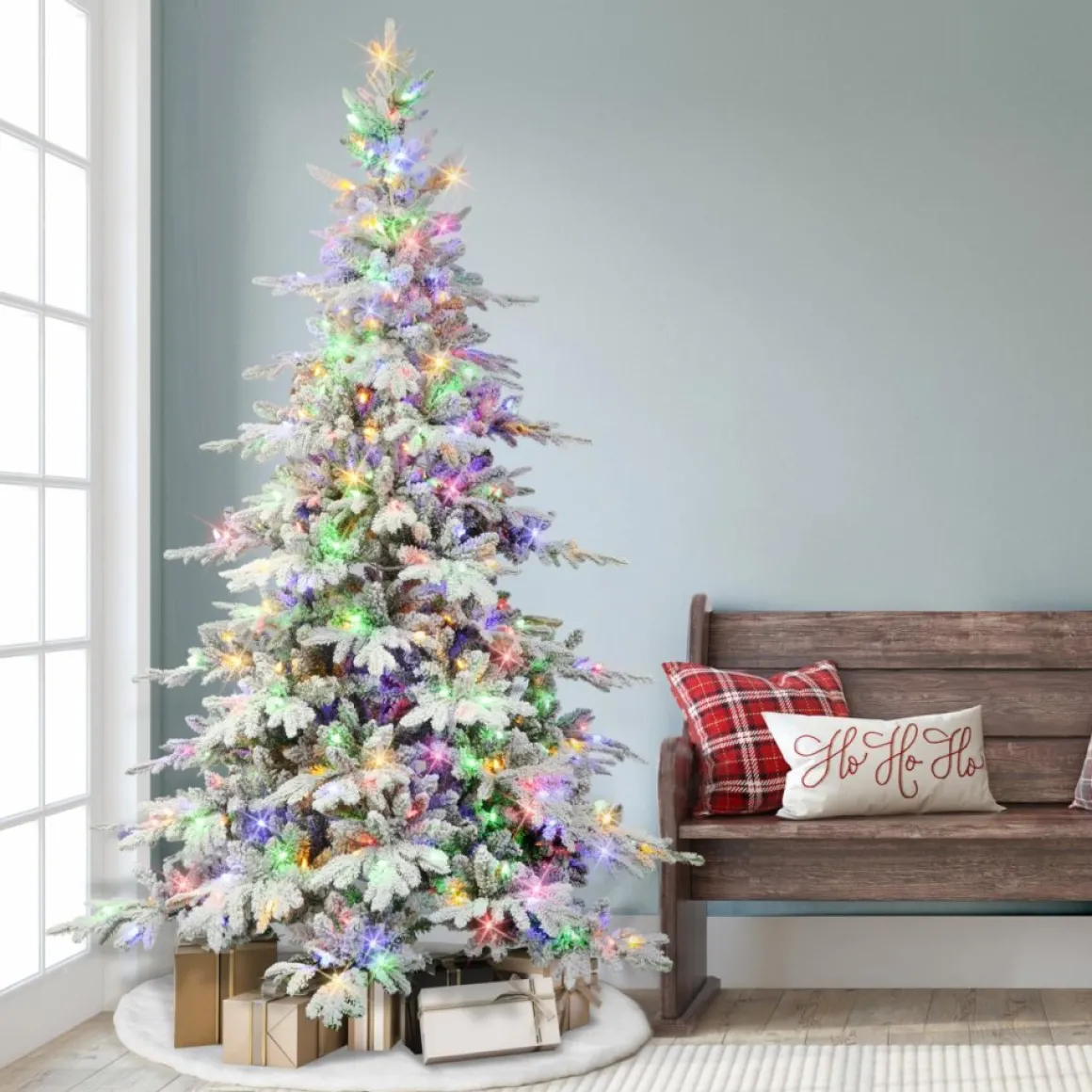 Puleo International 7' Pre-Lit Flocked Utah Fir Tree, 500 Led Lights