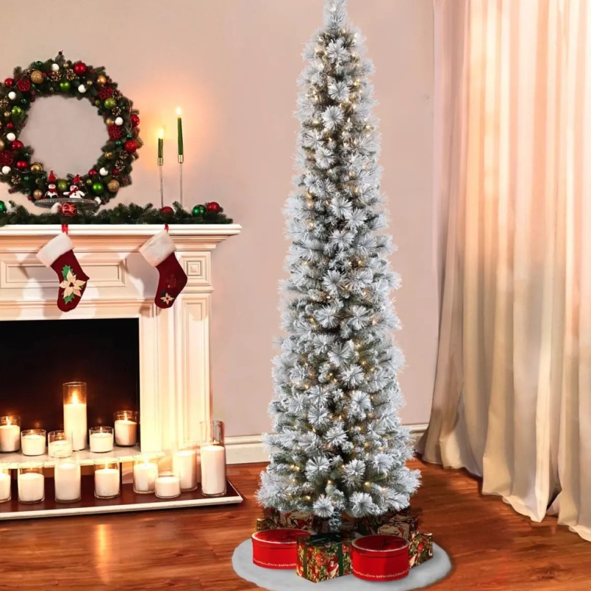 Puleo International 9' Pre-Lit Flocked Pencil Christmas Tree