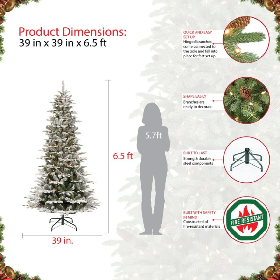 Puleo International 6.5' Pre-Lit Slim Flock Aspen Fir Christmas Tree
