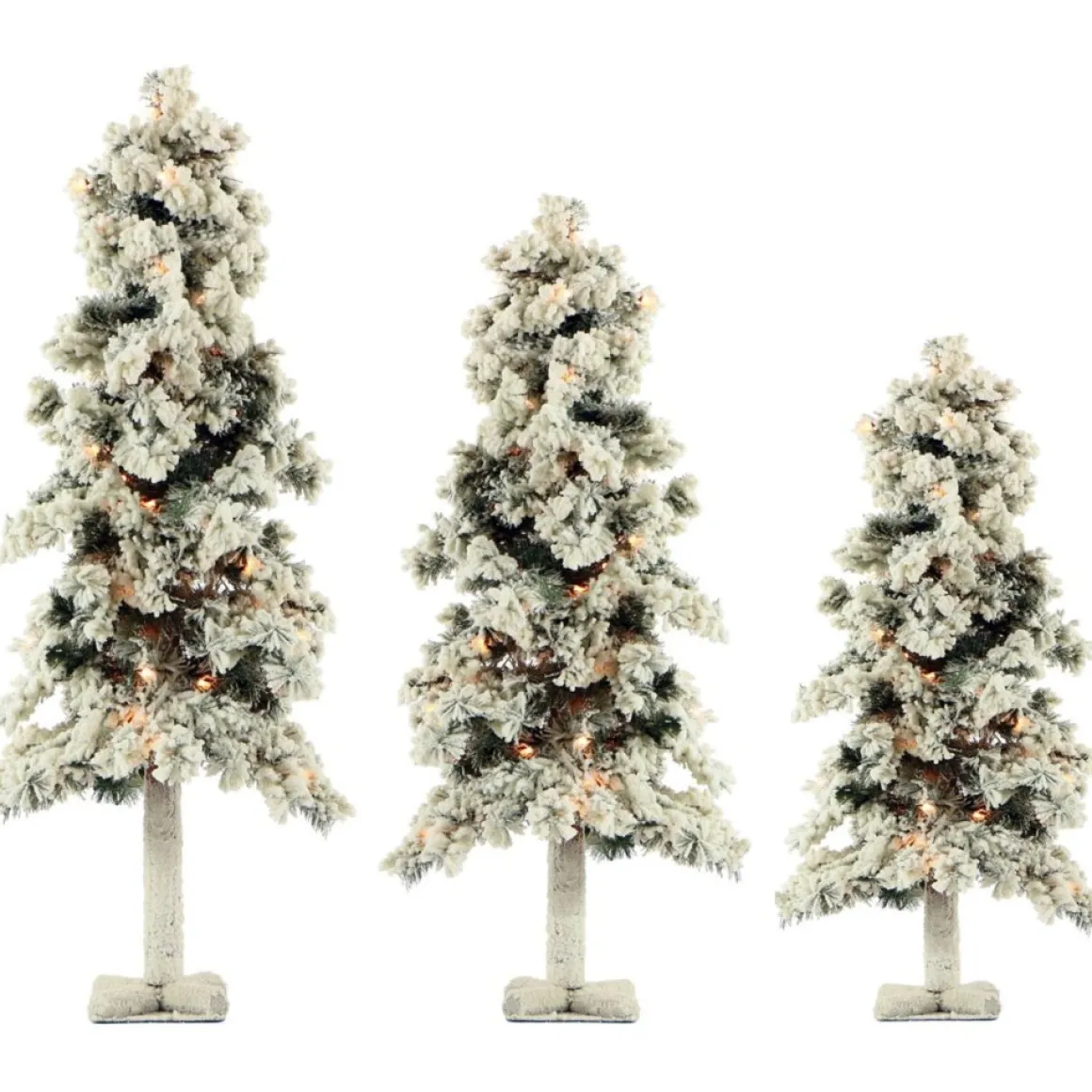 Set Of 3 Snowy Alpine Trees With Clear Lights (2-Ft. 3-Ft. 4-Ft.)
